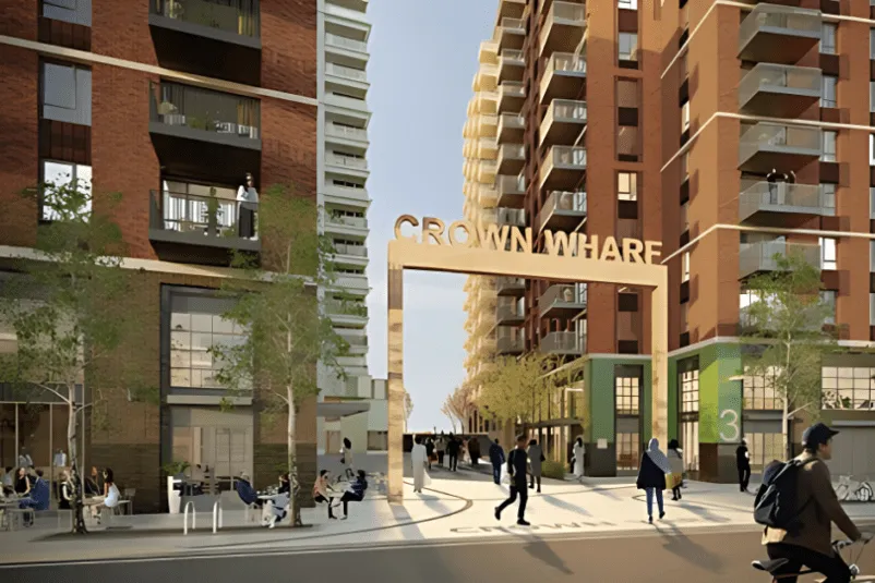 A computer generated image of the entrance to Crown Wharf in Canning Town showing the redevelopment of the area