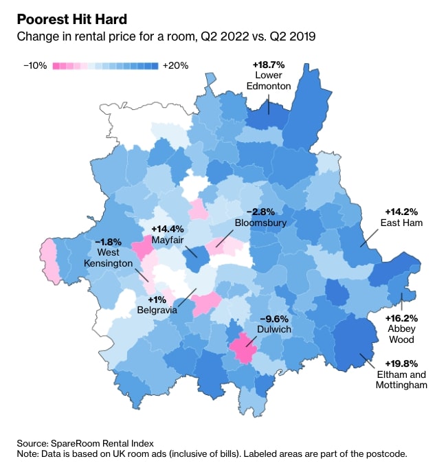 Areas of London affected by rent increases